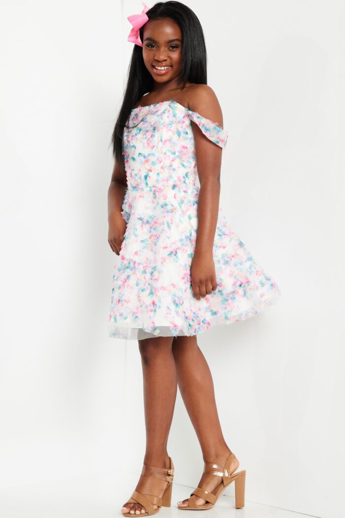 Model wearing Floral Multi Short Fit and Flare Dress K26293