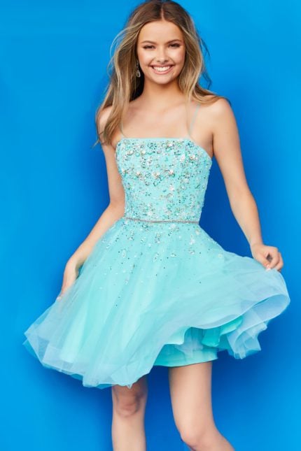 Model wearing Jovani K3641 blue dress with a square neckline and embellished bodice, front view