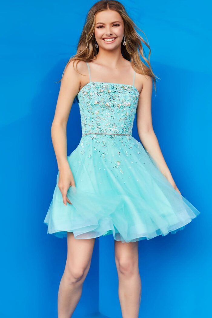 Model wearing Jovani K3641 Tiffany Blue Fit and Flare Tie Back Girls Dress