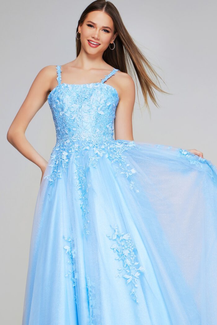 Model wearing Light Blue Embroidered Tulle A-Line Dress K38098