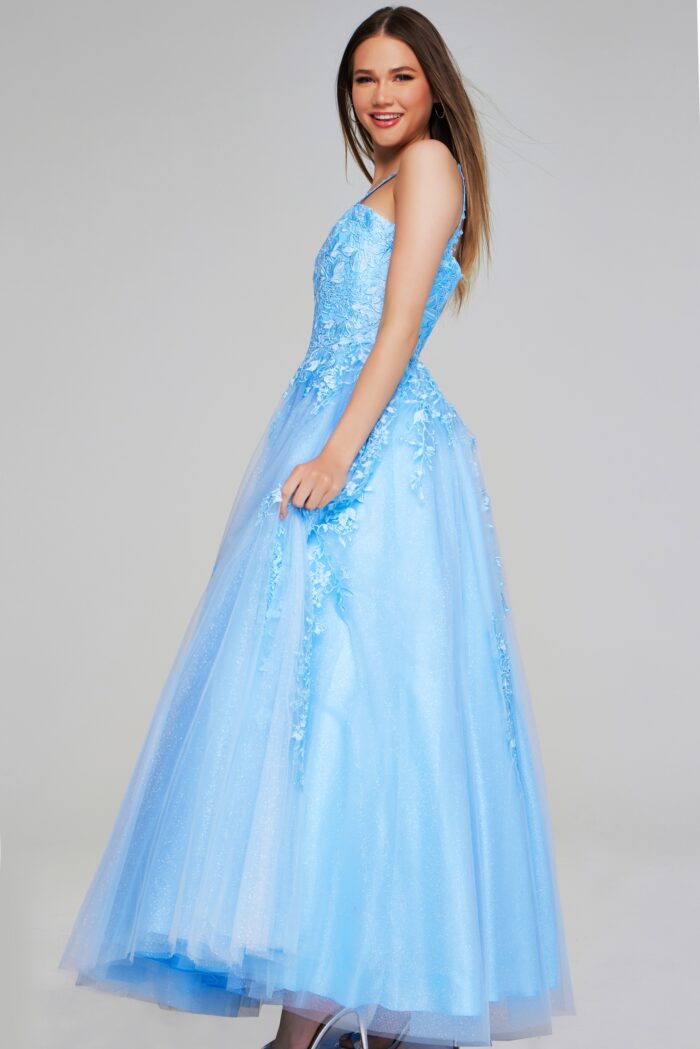 Model wearing Light Blue Embroidered Tulle A-Line Dress K38098