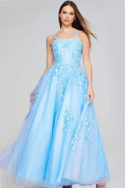 Model wearing Jovani K38098 light blue dress with floral appliqué from the front