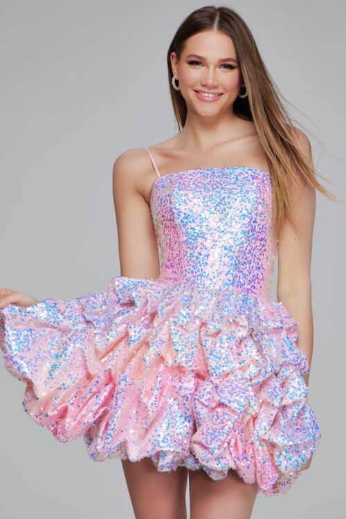 Model wearing Pink Sequin Ruffle Mini Dress K38108