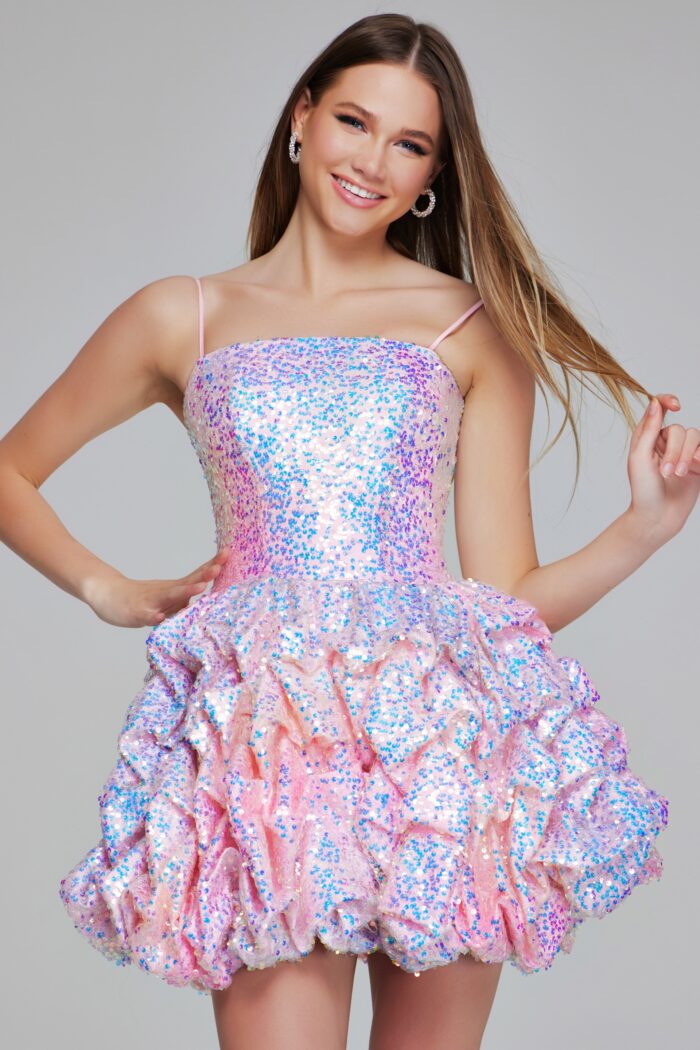 Model wearing Pink Sequin Ruffle Mini Dress K38108