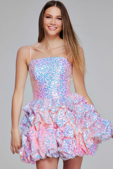 Model wearing K38108 pink mini dress showcasing strapless sequined bodice and ruffled skirt.