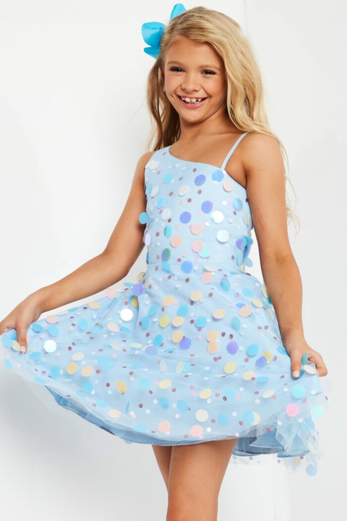 Model wearing Blue Fit and Flare Flower Girl Dress K38147
