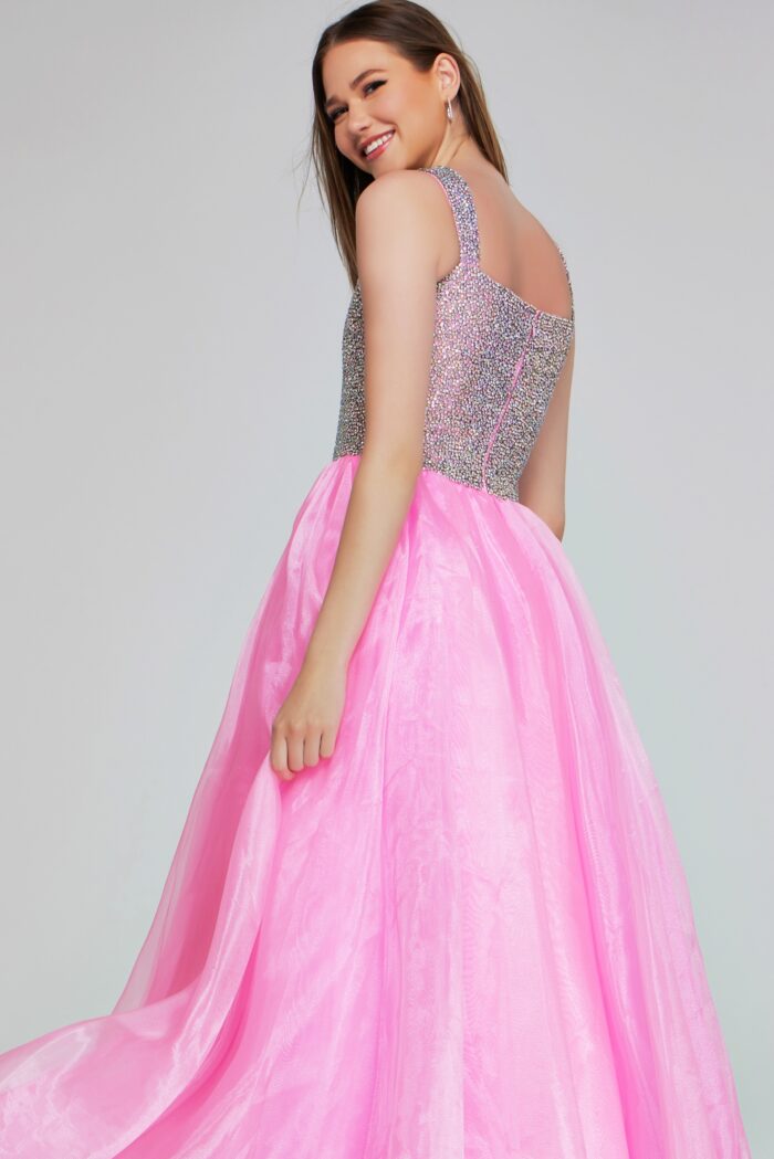 Model wearing Hot Pink Beaded Bodice Ball Gown K38261