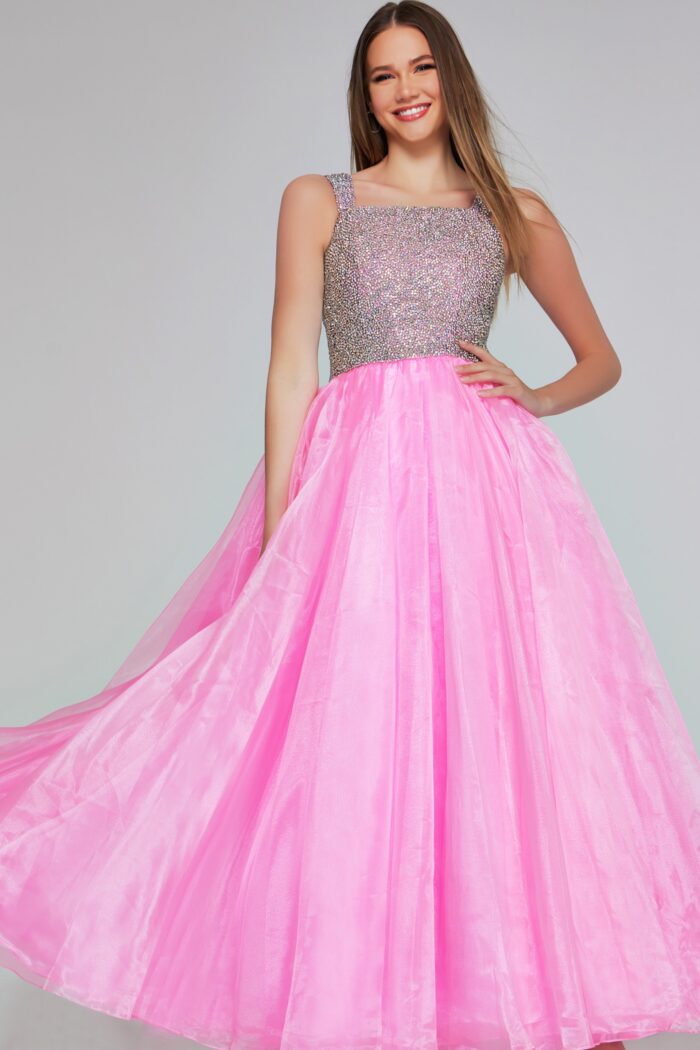 Model wearing Hot Pink Beaded Bodice Ball Gown K38261