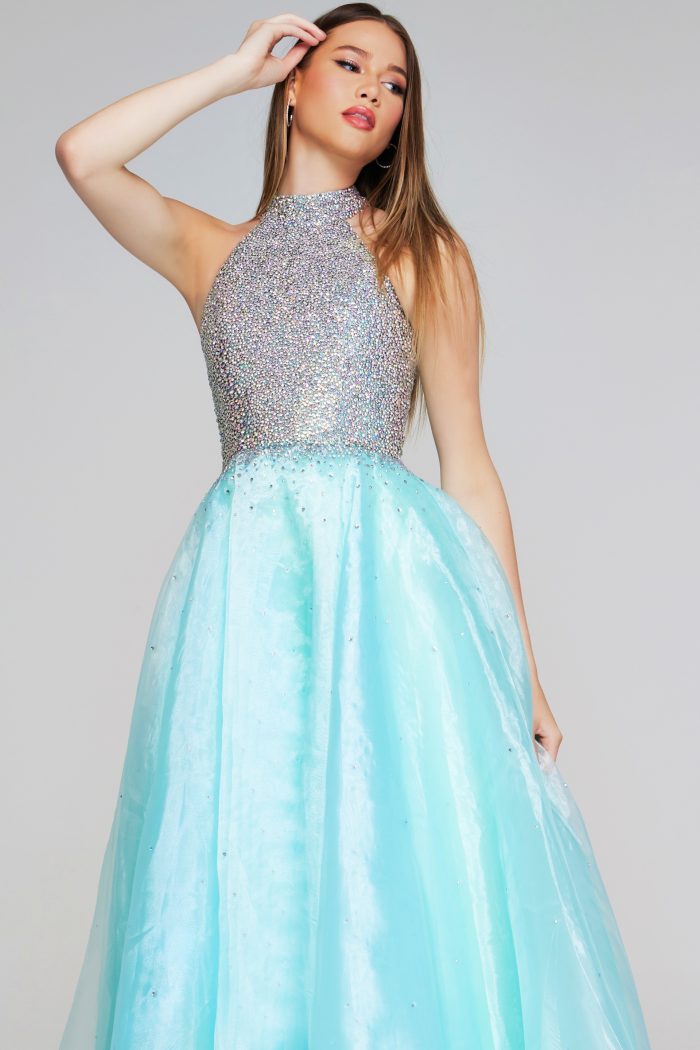 Light Turquoise Beaded Halter Ball Gown K38262