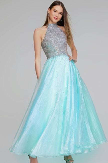 Model wearing Jovani K38262 light turquoise dress in front view