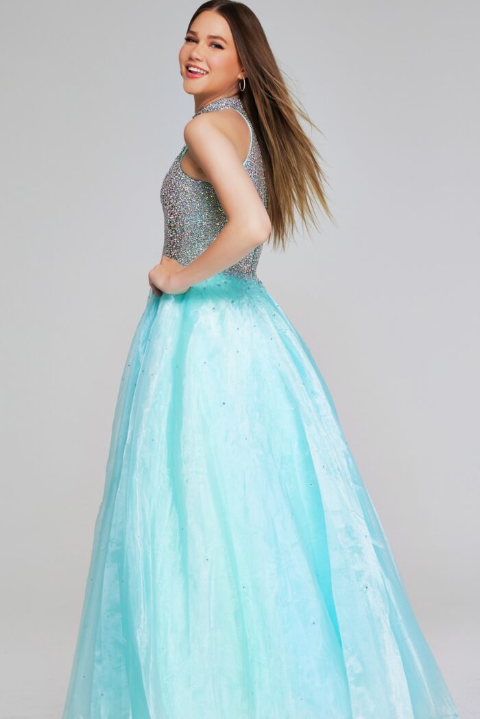 Model wearing Light Turquoise Beaded Halter Ball Gown K38262