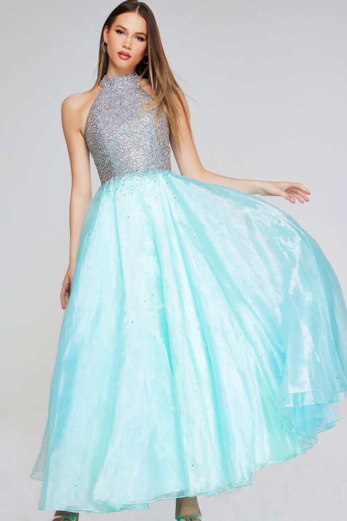 Model wearing Light Turquoise Beaded Halter Ball Gown K38262