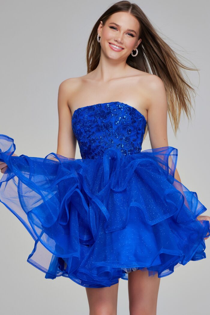 Model wearing Royal Blue Strapless Ruffle Mini Dress K38440