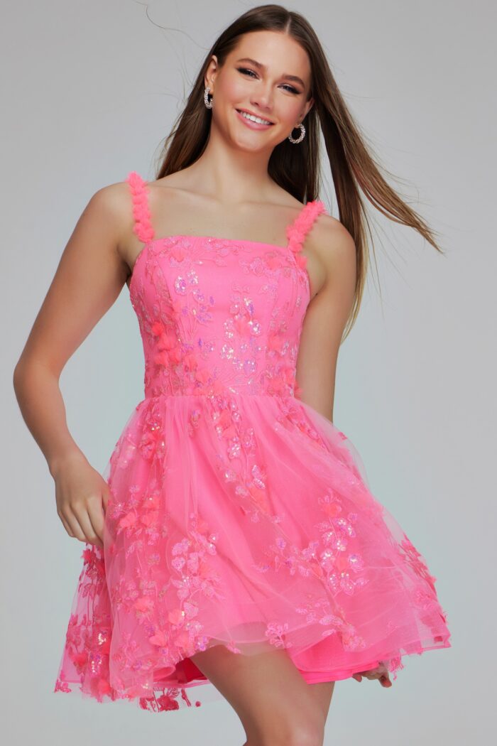 Model wearing Hot Pink Floral Embroidered Mini Dress K39141