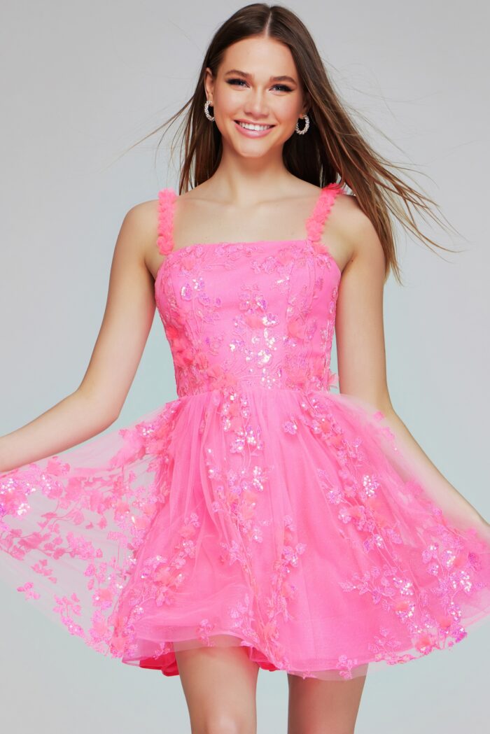 Model wearing Hot Pink Floral Embroidered Mini Dress K39141