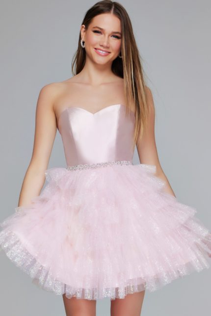 model wearing K39310 pink dress with layered tulle skirt and strapless sweetheart neckline