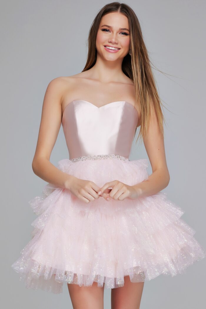 Model wearing Pink Strapless Tiered Tulle Mini Dress K39310