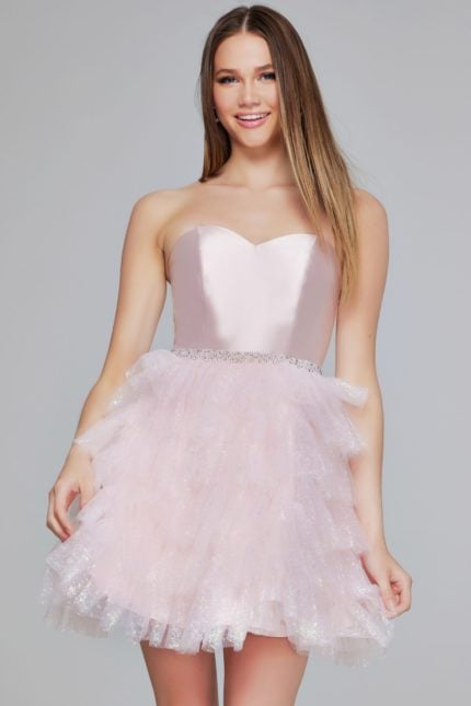 model showcasing K39310 pink dress, strapless with sweetheart neckline and sparkling waistband