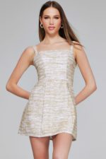 model wearing K40894 white mini dress with square neckline from Jovani