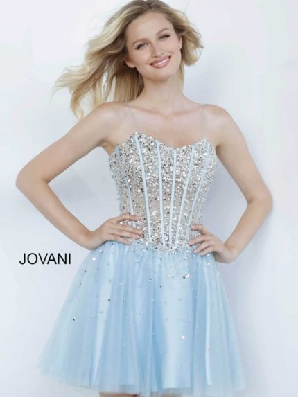 Model wearing Jovani K59903 in blue with sequined bodice and tulle skirt