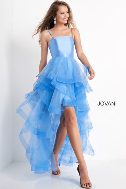 Model wearing Jovani K66708 blue dress with layered ruffle skirt and square neckline from the front.