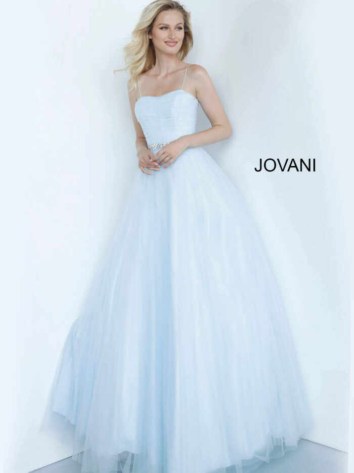 Model wearing Blue Crystal Embellished Belt Tulle Jovani Girls Dress K66712