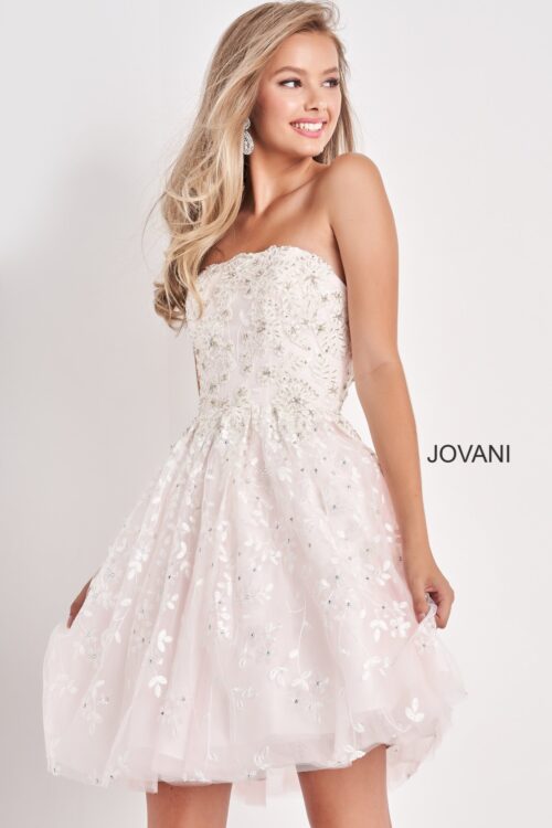 Model wearing White Pink Fit and Flare Floral Jovani kids Dress K68026