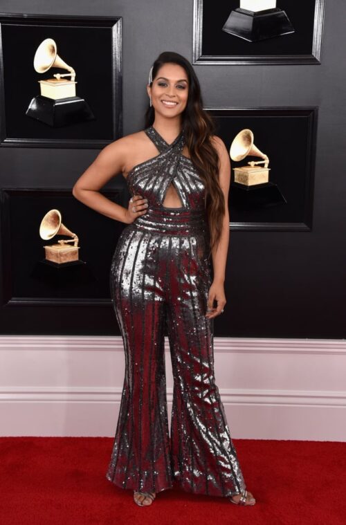 Model wearing Lilly Singh stuns in Jovani's Grammy Awards Dress 62493