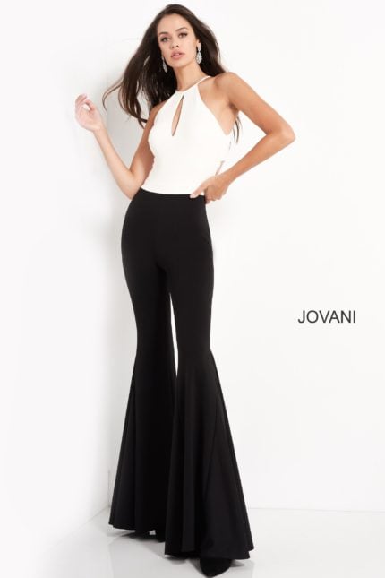 Model wearing Jovani M02807 elegant jumpsuit with halter neckline, front view.