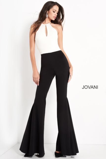 Model wearing Jovani M02807 showing wide-leg design, front view.