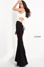 Model wearing Jovani M02807 highlighting side profile and tie detail.