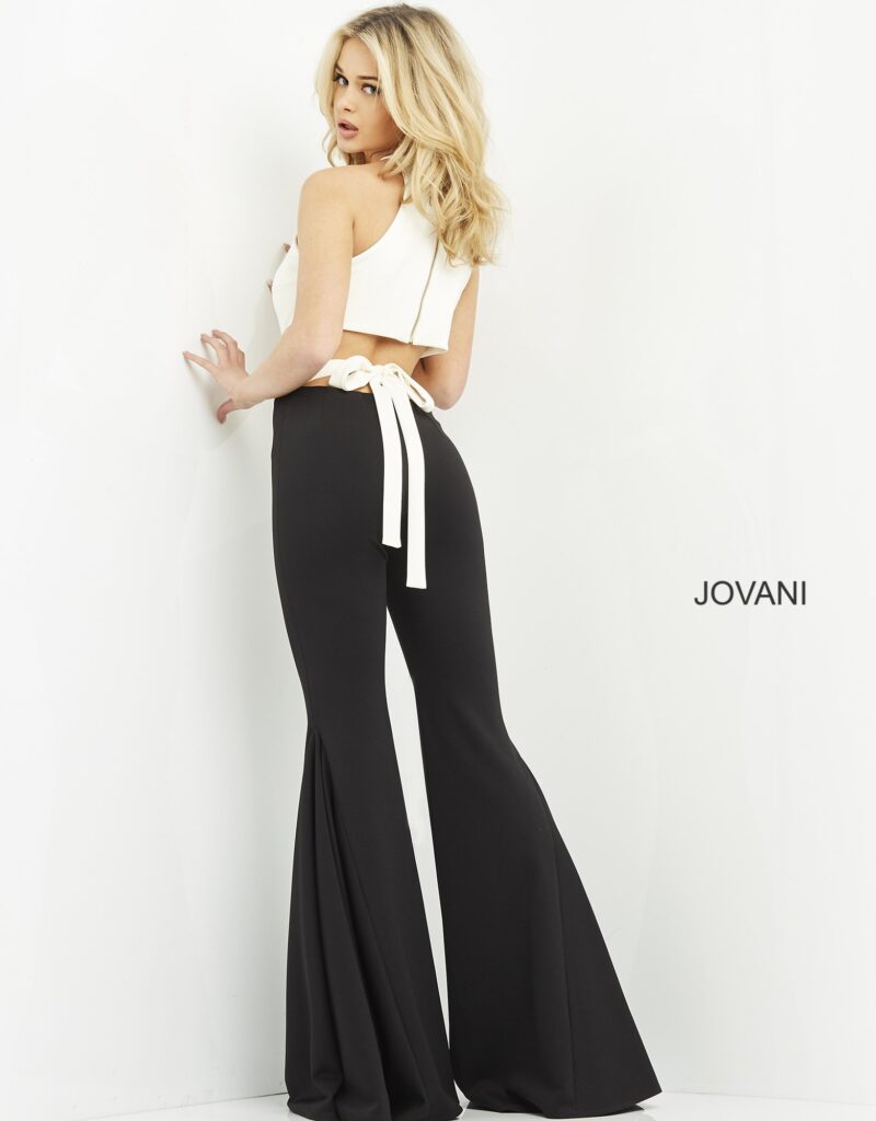 Jovani M02807 Off White Black Key Hole Neck Contemporary Jumpsuit