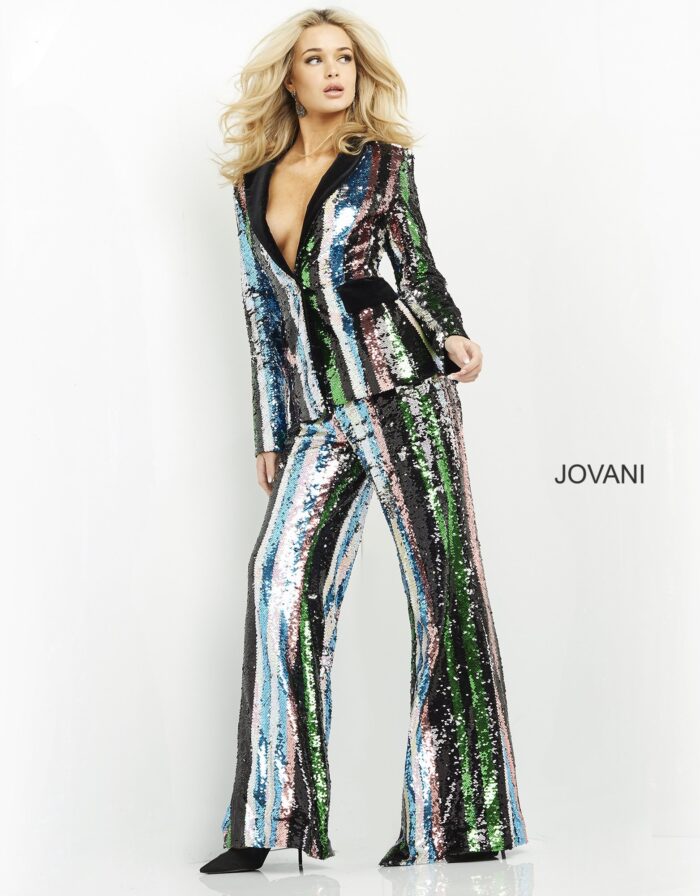 Model wearing Jovani M02942 Multi Sequin Two Piece Contemporary Pant Suit