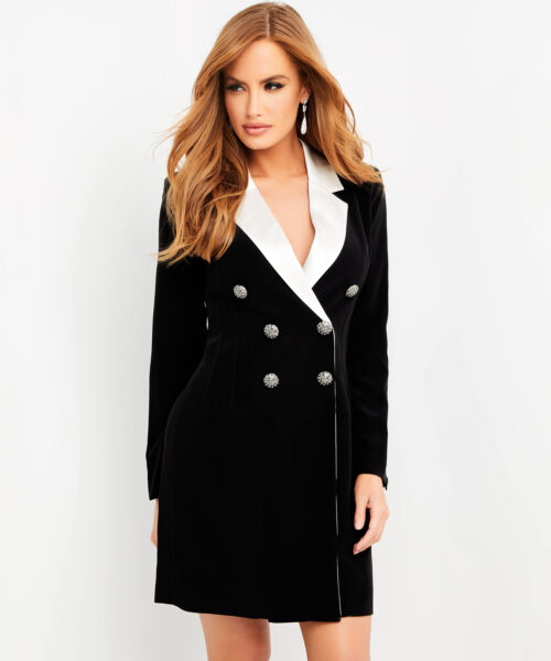 Model wearing Jovani M03256 Black White Contemporary Blazer Dress