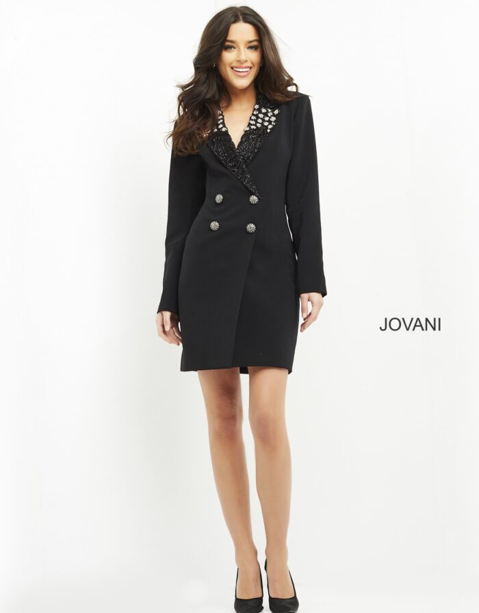 Model wearing Jovani M03416 Black Double Button Blazer Dress
