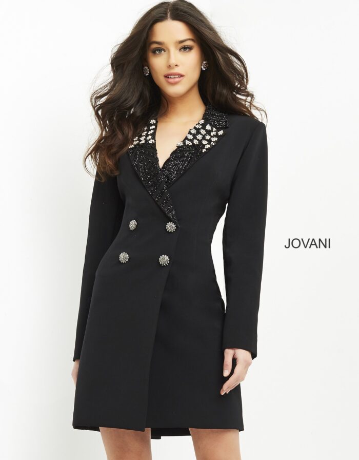 Model wearing Jovani M03416 Black Double Button Blazer Dress