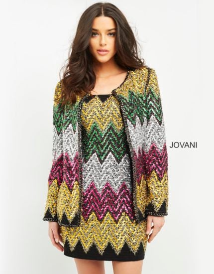 Model wearing Jovani M05037 multi-color mini dress with sequin zigzag pattern.