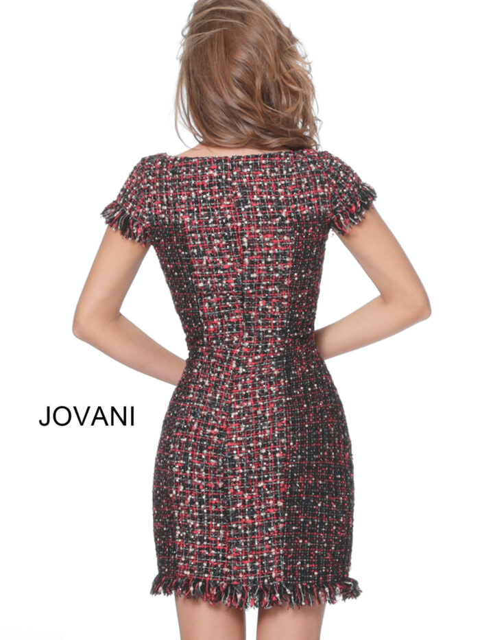 Model wearing Jovani M1042 Black Multi Short Sleeve Contemporary Dress