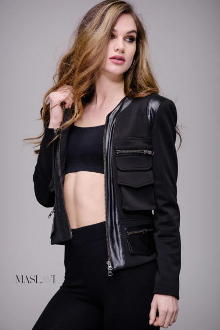 model wearing M116 front view with zippered pockets and long sleeves