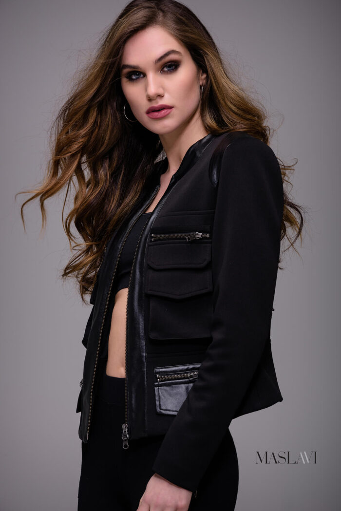 Model wearing Black Sheer Back Contemporary Jacket by Jovani M116