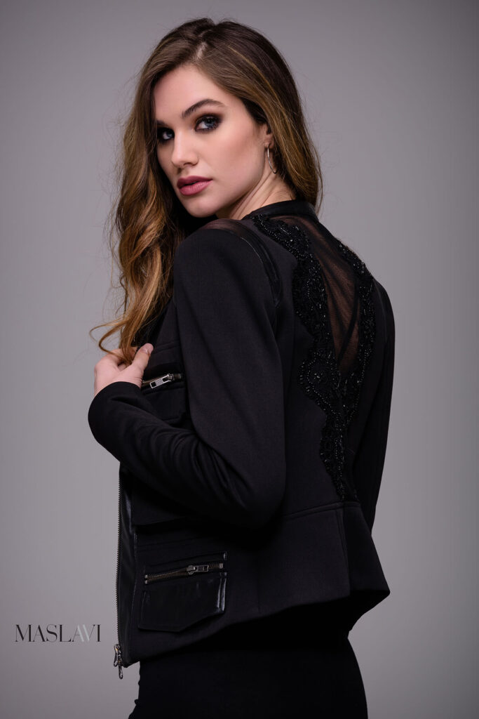 Black Sheer Back Contemporary Jacket by Jovani M116