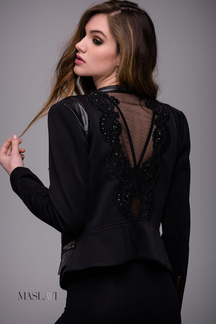 Model wearing Black Sheer Back Contemporary Jacket by Jovani M116