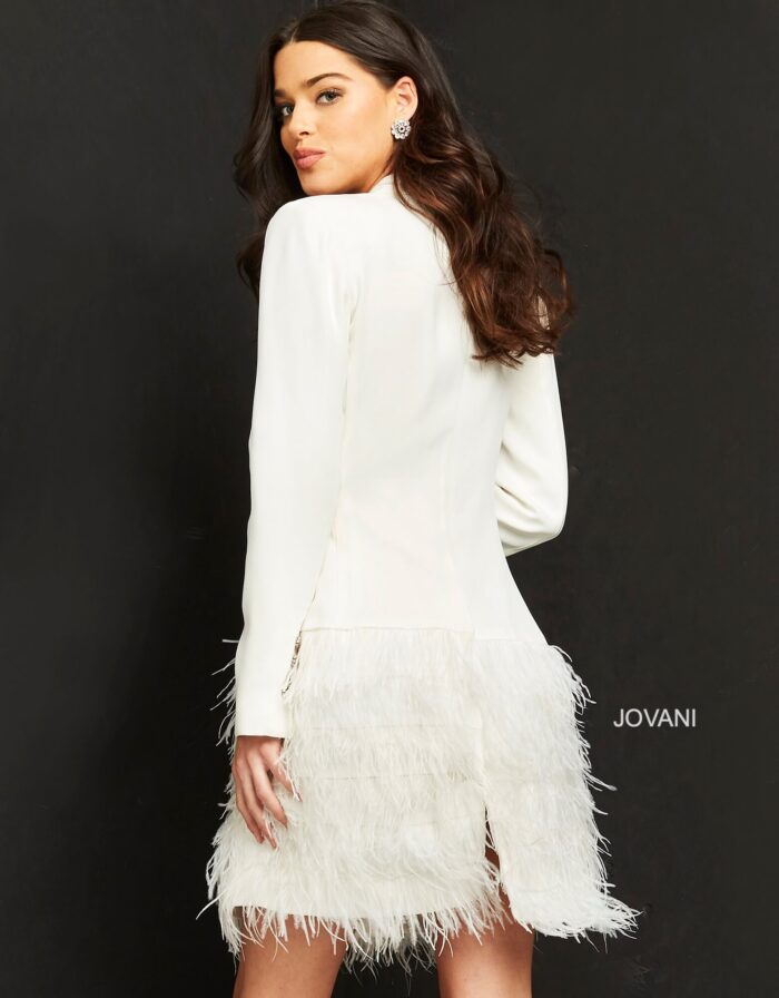 Model wearing Jovani M1262 Ivory Feather Hem Ready to Wear Blazer Dress