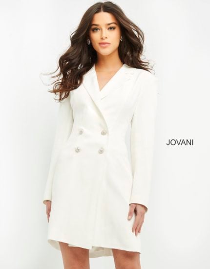 Model wearing Jovani M1265 ivory dress with a double-breasted front and long sleeves.