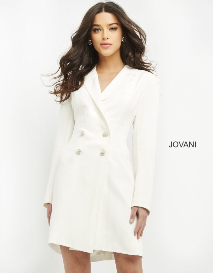 Model wearing Jovani M1265 Ivory Three Quarter Length Contemporary Blazer