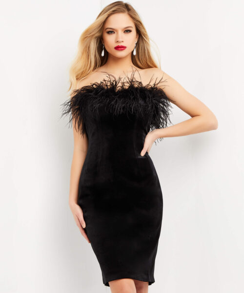 Model wearing Jovani M3335 Black Knee Length Contemporary Dress