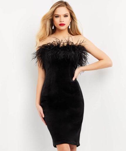 Another angle of the M3335 black dress with a graceful feathered neckline, worn by a model.