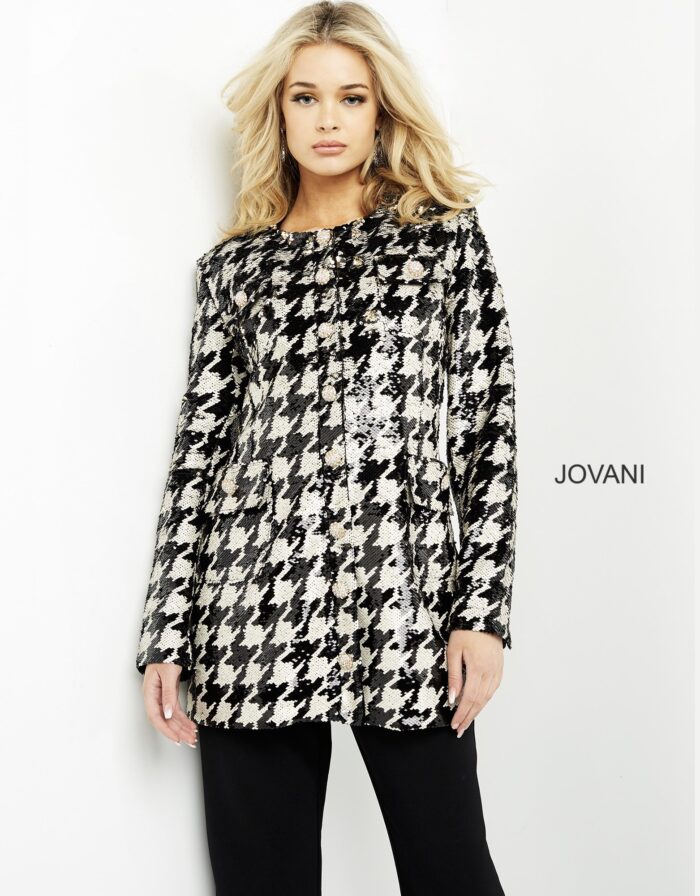 Model wearing Jovani M3393 Black Ivory Sequin Contemporary Jacket