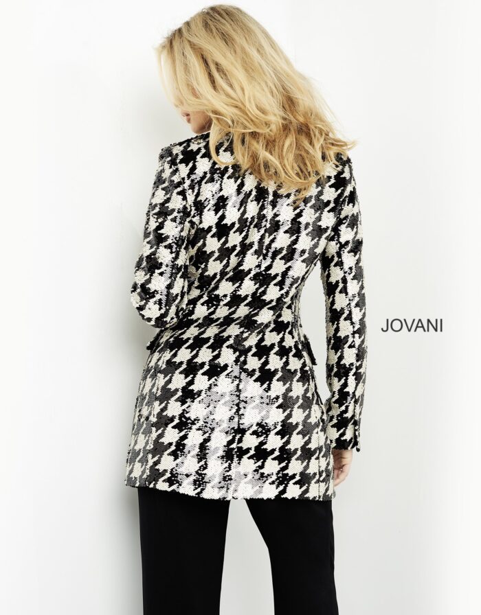 Model wearing Jovani M3393 Black Ivory Sequin Contemporary Jacket