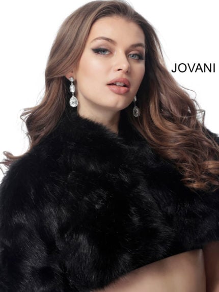 Model wearing Jovani M50165 black dress, front view highlighting V-neckline.